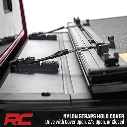 Rough Country Hard Tri-Fold Flip Up Truck Bed Tonneau Cover for Nissan Frontier (2022-2025) - Fits 5' (58.9-59.5") Bed, All-Weather, Flush Aluminum Panels