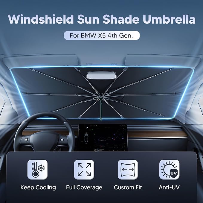 Autorder Windshield Sun Shade Umbrella for 2019-2025 BMW X5 Accessories,Upgraded Ice Crystal Material,Easy Setup Umbrella Sunshade for Car Windshield,100% Sun Blocking