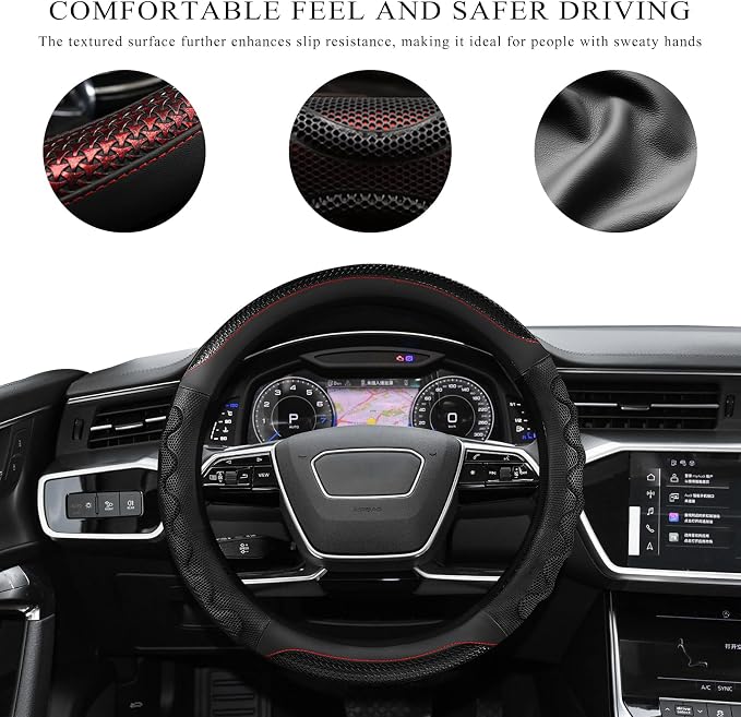 Car Steering Wheel Cover, 15 Inch Anti-Slip Steering Wheel Cover Protector with 3D Honeycomb Design, Universal Steering Wheel Covers for Truck SUV, Car Accessories (Black,Round Shape)