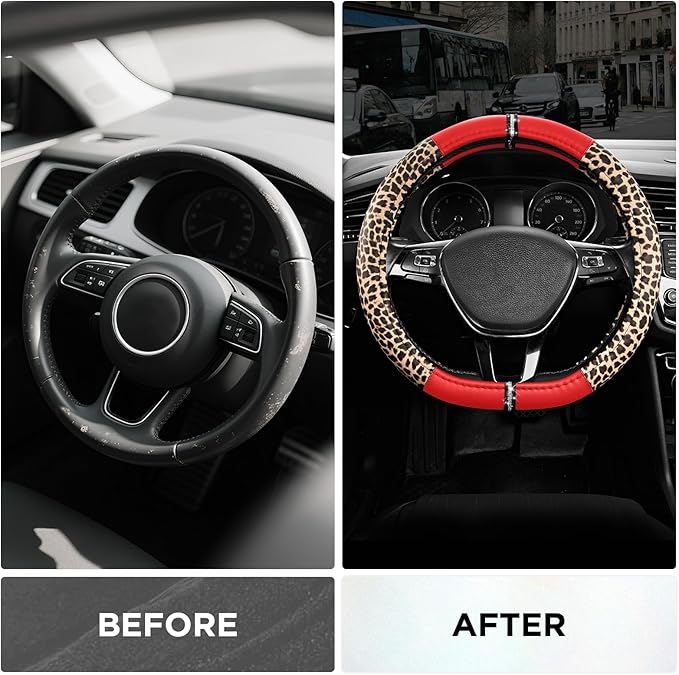Road Comforts Leopard Steering Wheel Cover for Women, Cute Anti-Slip Microfiber Leather, Fits D Shape Flat Bottom Steering Wheel 14.5-15 Inch - Red