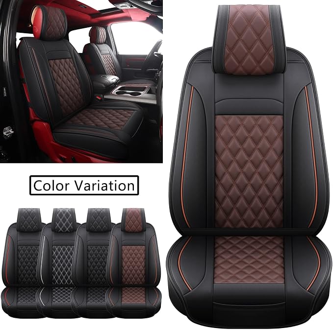 JOJOBAY Car Seat Covers for Dodge Ram,Fit 2009-2025 1500/2500/3500 HD Pick-up Truck,Crew,Regular,Quad,Mega Cab,Waterproof Synthetic Leather Seat Covers(2PCS-Front,Black-Brown)