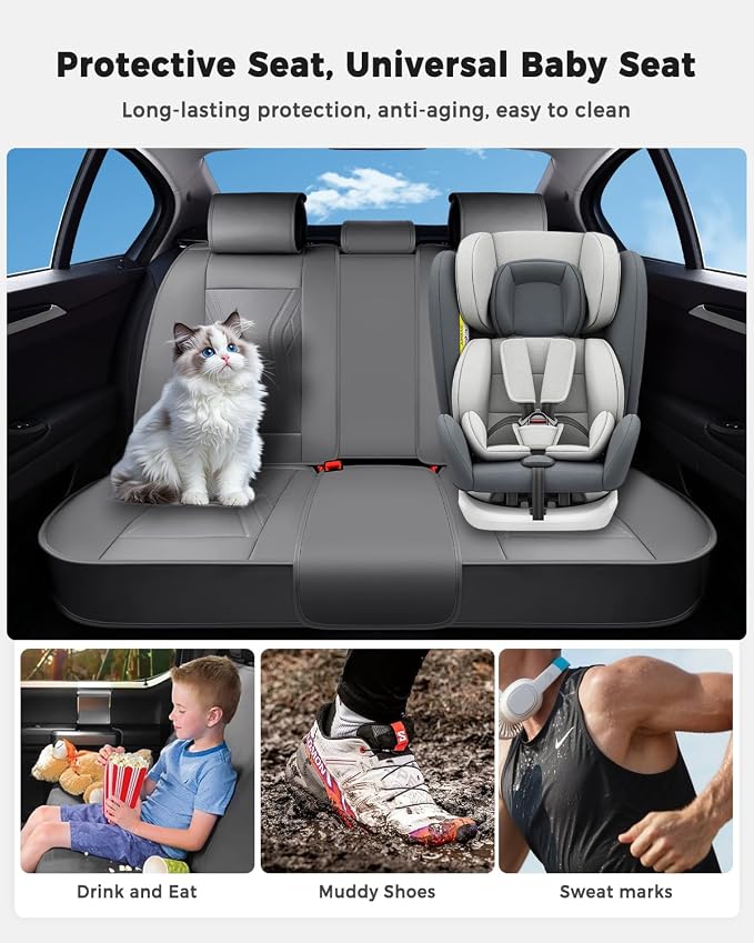 Huidasource Rear Seat Covers, Waterproof Faux Leather Rear Bench Seat Covers, Universal Fit Back Seat Cover for Most Cars Sedans SUVs Pickups Trucks, Gray