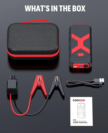 BOOKOO A9 Jump Starter 4000A for Car,Boat,Lawnmower 12L Gas&10L Diesel Engines Portable 12V Car Battery Jump Starter with Jumper Cables,Quick Charging USB Ports and USB C,3 LED Modes and Storage Box