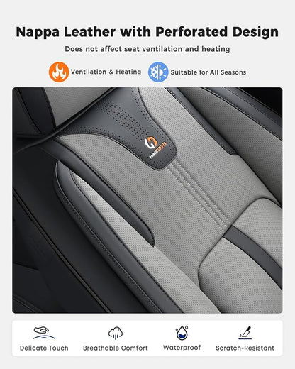 Huidasource Car Seat Covers Front Seats Luxury Nappa Leather, Front Seat Covers with Airbag, Front Storage Pocket, Lumbar Support, Cooling＆Heating, Universal Fit for Most Cars SUV Trucks, Black&Gray