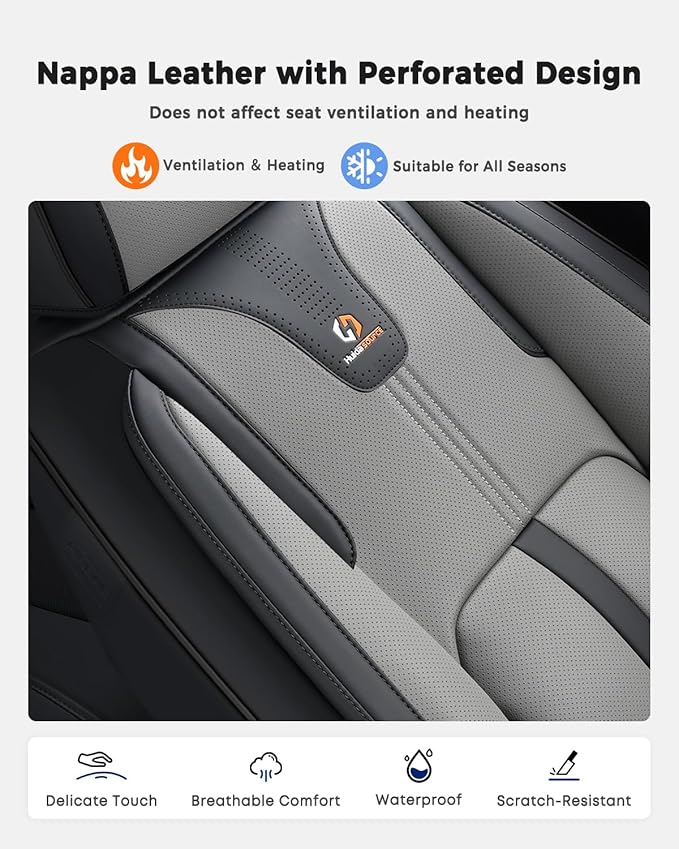 Huidasource Universal Car Seat Cover Luxury Nappa Leather, Car Seat Cover Set with Velcro Adjustable, Airbag, Lumbar Support, Cooling＆Heating, Seat Covers Fit for Most Cars SUV Trucks, Black＆Gray