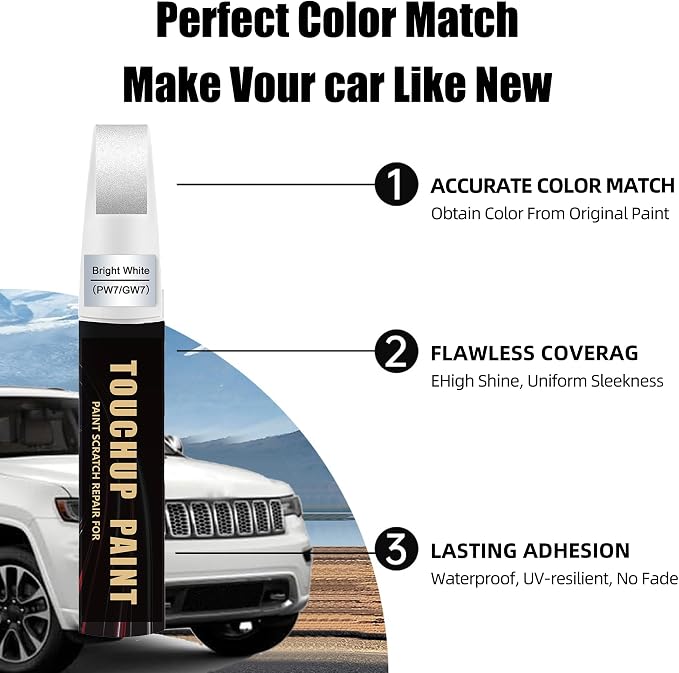 Bright White(PW7/GW7) Car Paint Touch Up Pen Compatible with JEEP, 2-In-1 Color Accurate Touch Up Car Scratch Repair Paint Match JEEP Series Automotive Scratch Remover for Nicks & Chips Repair