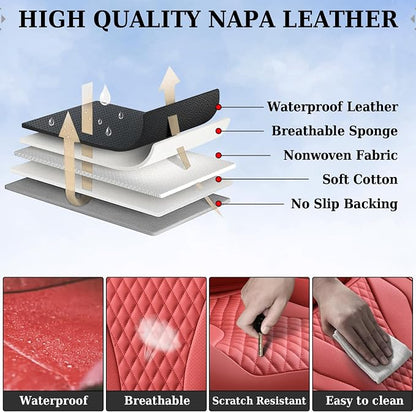 Coverado Waterproof Nappa Leather Car Seat Covers Full Set 5-Seat Car Seat Protector Front & Rear Cushions Fit for Most Sedans SUVs Pick-up Trucks Red