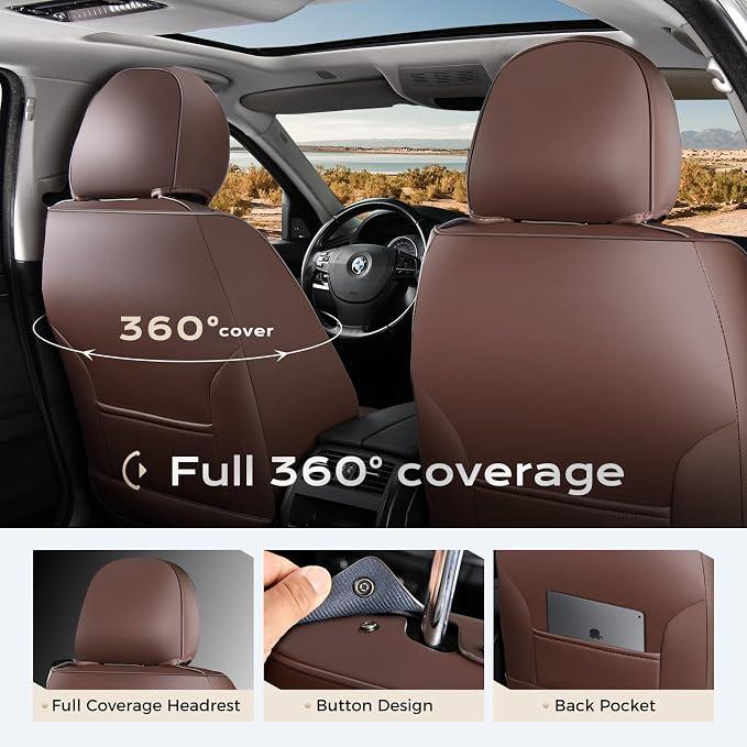 Coverado Car Seat Covers Full Sets, 5 Piece Car Seat Protector Waterproof Leather Seat Cushion Universal Fit for Truck Automotive Vehicles Brown