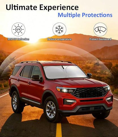 Windshield Sun Shade for Ford Explorer 2020-2026 Accessories, Car Front Window Sun Visor & Heat Shield | 240T Sunshade Protection Blocks UV Rays