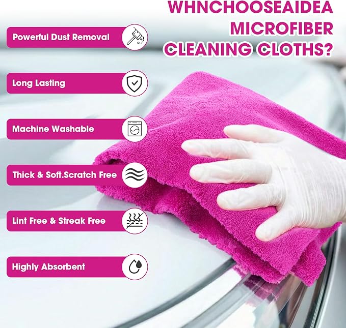 Shimeyao 30 Pcs 16 x 16 Inch Edgeless Microfiber Plush Towels for Cars Detailing Drying Wash Polishing Absorbent Cleaning Cloths, 500 GSM (Fuchsia)