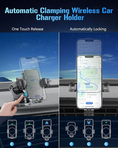 3-in-1 Wireless Car Charger Mount, 15W Fast Charging Auto-Clamping Phone Holder for iPhone 17 16 15 14, Samsung Galaxy S24 S23, Dashboard, Vent & Windshield Car Mount(Black)