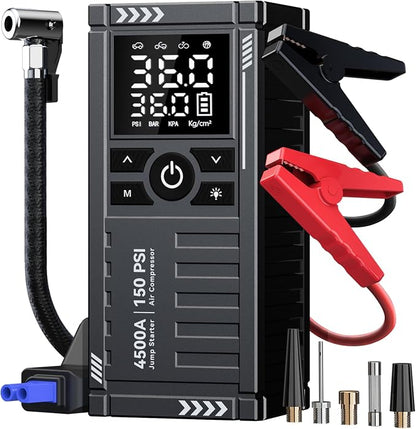 Car Battery Jump Starter with Air Compressor - 4500A 150PSI Portable Car Jump Starters (All Gas/10L Diesel) with Tire Inflator, 12V Car Battery Jump Box with Jumper Cables, LCD Display, LED Light