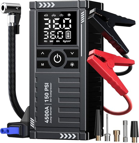 Car Battery Jump Starter with Air Compressor - 4500A 150PSI Portable Car Jump Starters (All Gas/10L Diesel) with Tire Inflator, 12V Car Battery Jump Box with Jumper Cables, LCD Display, LED Light