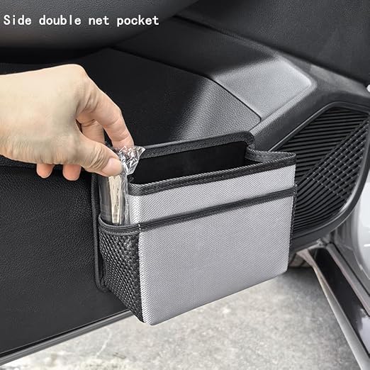 Car Trash Can, Foldable Multifunctional Hanging Storage Box Trash Can with a Roll of Garbage Bag, Multi Pocket Design Suitable for Car, Home, and Office Car Trash Cans (Grey)