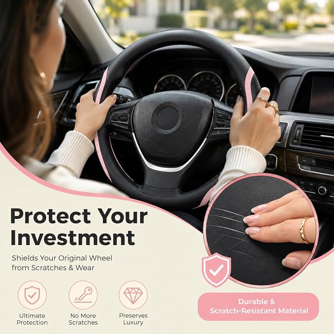 Steering Wheel Cover Black Pink, Leather Car Steering Wheel Covers with Coasters Universal 14.5-15 inch Microfiber Breathable Anti-Slip Steering Wheel Accessories Set
