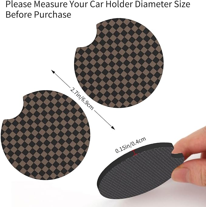 Checkered Black Brown Steering Wheel Cover 15 Inch Car + 2 pc Car Coasters | Black Brown Checkered Steering Wheel Cover Anti-Slip Breathable Universal for Suitable