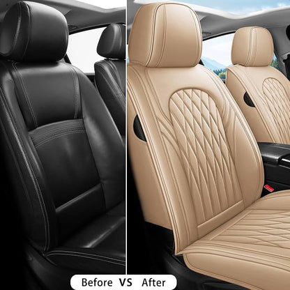 WELLDO Nappa Faux Leather Car Seat Covers Full Set, Beige | Waterproof, Non-Slip Seat Protector, 0.28in Thickened Cushion, Airbag Compatible, Universal for Cars SUV Truck Pickup