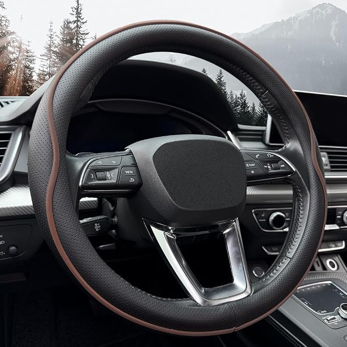 HAOTULE Leather Steering Wheel Cover， with Anti-Slip Stripe Design - Enhanced Grip, Fashion Style, Safe, Non-Slip, Breathable. Upgrade car Interior，Black Brown