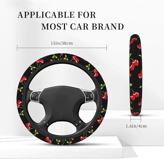 Cherry Hearts Red Steering Wheel Cover + 2 Pc Cherry Hearts Car Coasters | Breathable Universal for 14-15 Inch Car Anti-Slip for Men Women
