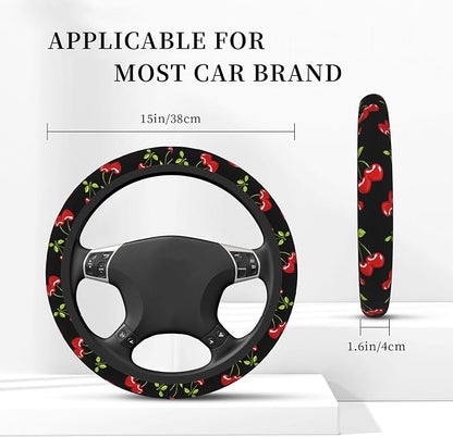 Cherry Hearts Red Steering Wheel Cover + 2 Pc Cherry Hearts Car Coasters | Breathable Universal for 14-15 Inch Car Anti-Slip for Men Women