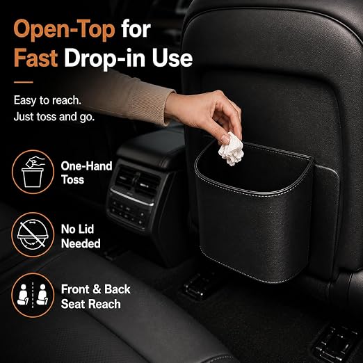 COZILO Leather Car Trash Can – Leakproof & Easy-to-Clean Car Garbage Can for Luxury Cars, SUVs & Trucks | Includes 60 Custom Liners, Secure Hook, Easy Install, Black