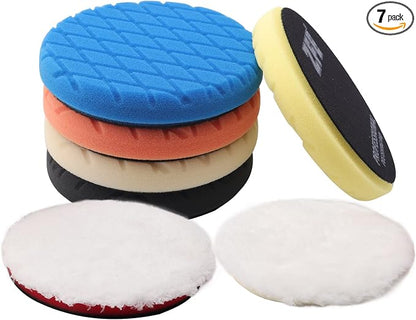 Buffing Polishing Pads, 7Pcs 7"(180mm) Waffle Foam Buffing Pads Polishing Pads Wool Pad Kit for 7Inch Backing Plate RO/DA/GA Car Polisher Boat Compounding, Polishing and Waxing