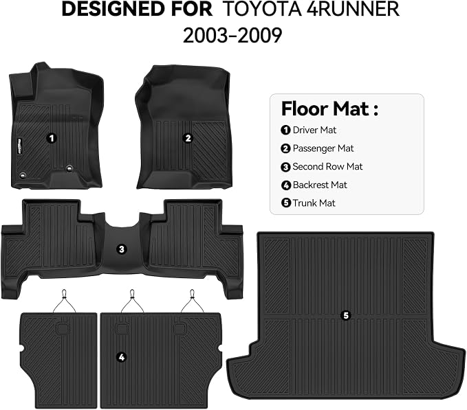 Floor Mats for 2003-2009 Toyota 4Runner, Trunk Mat and Backrest Mat All Weather TPE Protector for Toyota 4Runner Accessories