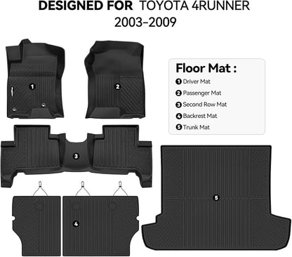 Floor Mats for 2003-2009 Toyota 4Runner, Trunk Mat and Backrest Mat All Weather TPE Protector for Toyota 4Runner Accessories