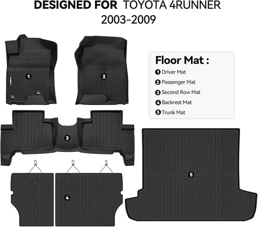 Floor Mats for 2003-2009 Toyota 4Runner, Trunk Mat and Backrest Mat All Weather TPE Protector for Toyota 4Runner Accessories