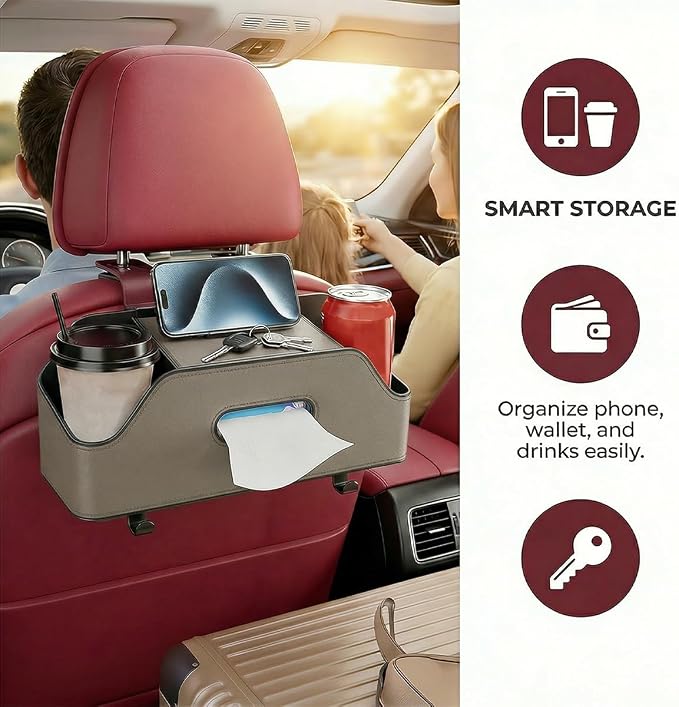 Car Backseat Headrest Organizer, Multifunctional 4-in-1 Back Seat Tissue Box with Cup Holders Hooks, Auto Seat Back Storage Organizer for Hold Phones, Drinks, Bags, Universal Fit (Beige)