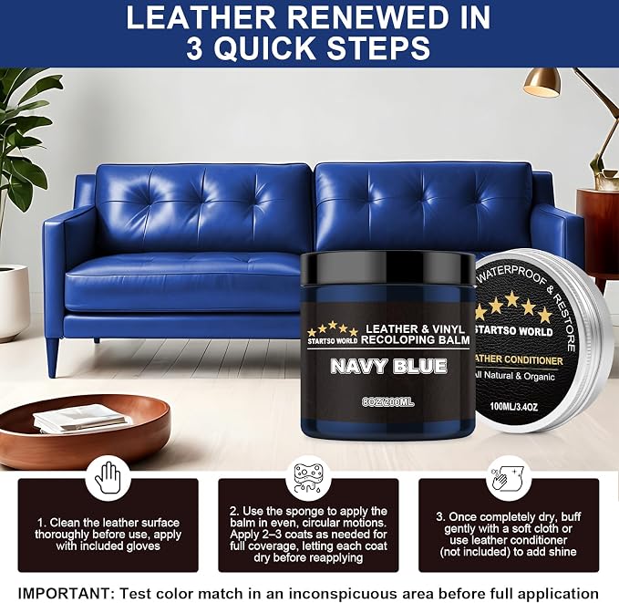 STARTSO WORLD 200Ml Leather Recoloring Balm with 100ML Leather Conditioner, Navy Blue Leather Repair Kit for Furniture, Leather Dye, Leather Scratch Repair, Leather Couch Paint