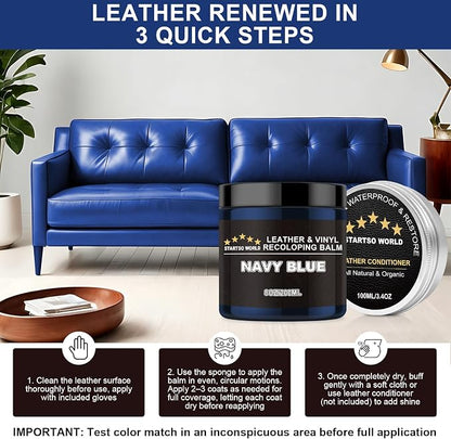 STARTSO WORLD 200Ml Leather Recoloring Balm with 100ML Leather Conditioner, Navy Blue Leather Repair Kit for Furniture, Leather Dye, Leather Scratch Repair, Leather Couch Paint