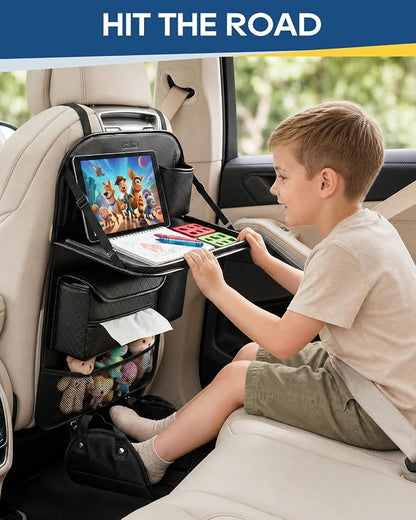 4PACK Leather Car Backseat Organizer with Foldable Table Tray, 6 Storage Pockets Back Protectors Foot Rests, Universal Backseat Car Organizer for Pets and family Road Trip(Black)