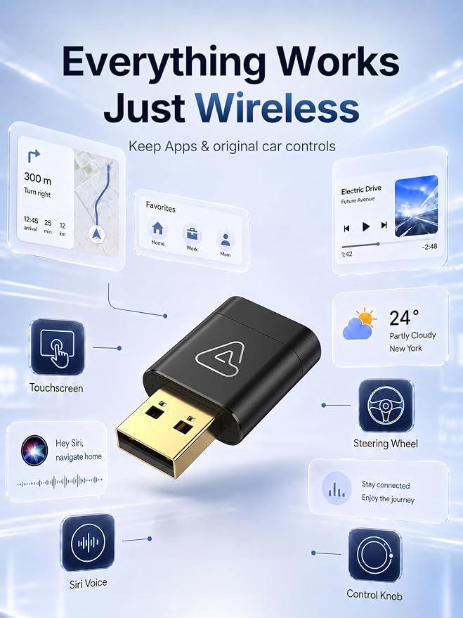 Wireless CarPlay Adapter for Apple Daily Commute, Wired to Wireless | Ultra Mini, Cooling Design, Fast Stable Connection, Easy to Set Up, Bluetooth 3s Reconnect, Maps Music Calls, For iOS 10+