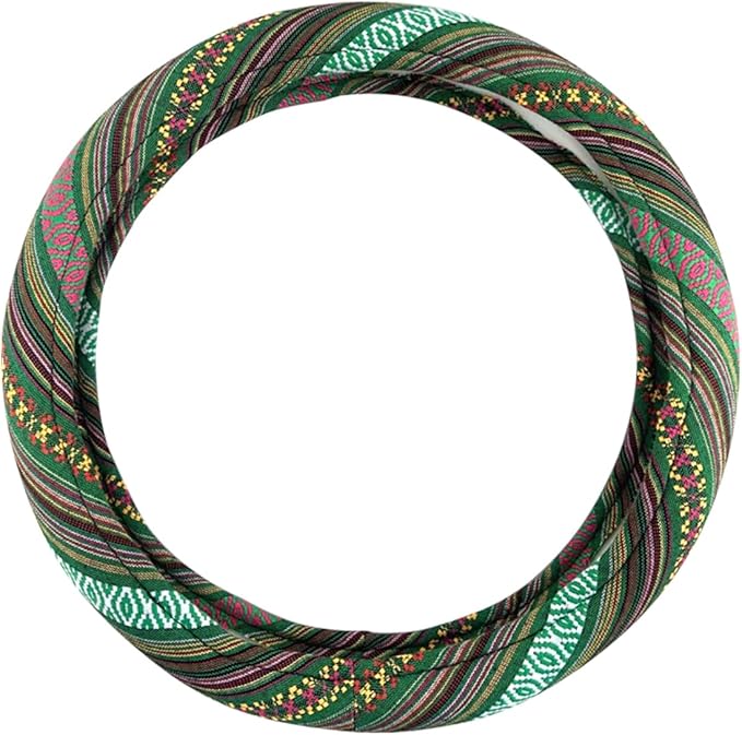 Universal 15inch Ethnic Style Baja Blanket Steering Wheel Cover with Coarse Flax Cloth and Sweat Absorption Anti Slip Car Wrap (Boho Green)