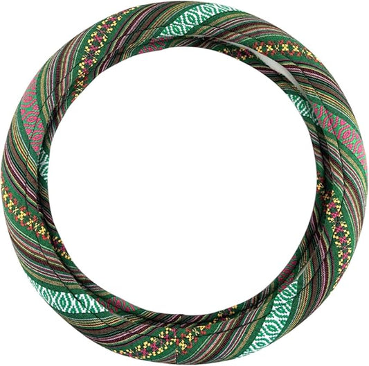 Universal 15inch Ethnic Style Baja Blanket Steering Wheel Cover with Coarse Flax Cloth and Sweat Absorption Anti Slip Car Wrap (Boho Green)