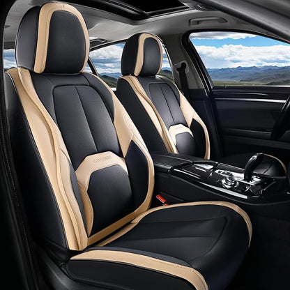 Coverado Seat Covers, Premium Nappa Leather Car Seat Covers Front Seats, Waterproof Car Seat Protector with Lumbar Support, Front Driver Seat Covers Universal Fit for Most Cars (Black&Beige)