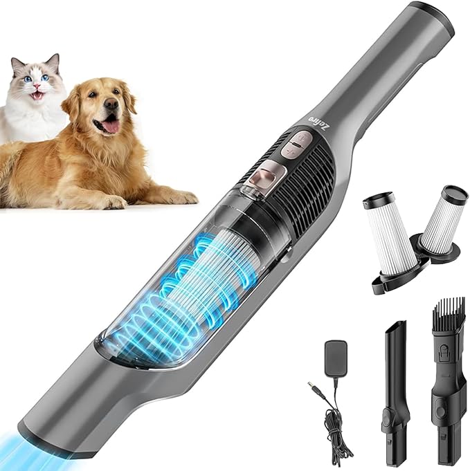 Zefiro Compact Powerful Cordless Handheld Vacuum, Rechargeable Portable Car Vacuum for Car & Pet Hair, Brushless Motor 25000PA High Suction, XL Dust Cup, 2 Brushes & Filters, Long Runtime with Charger