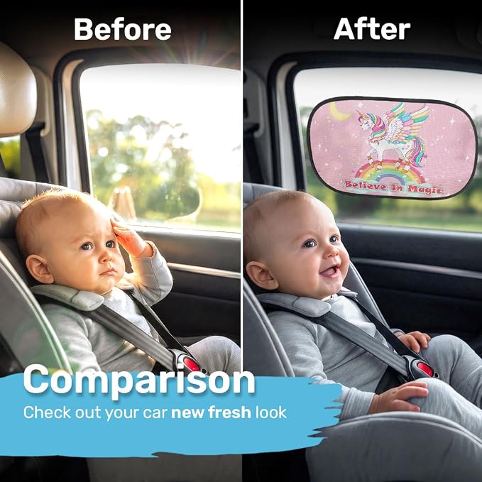 GENANY 2pcs Unicorn Window Sun Shade for Sedan SUV Truck (21x14 Inches), Sun Shades for Side Window, Accessories for Kids, Baby Window Shades, Summer Car Decor