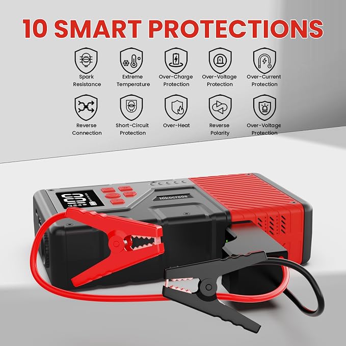 Portable Car Jump Starter with Air Compressor for Emergencies,3000A Peak and 150 PSI Max,for 12L Gas & 10L Diesel Engines,LCD Display,LED Light