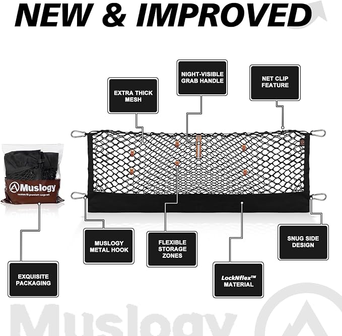 Muslogy Truck Bed Cargo Net Trunk Netting Compatible with Dodge Ram 1500 2019-2025 2026 Accessories, Pickup Cargo Organizer SUV Sedan Storage Net w/Heavy Duty Carabiners