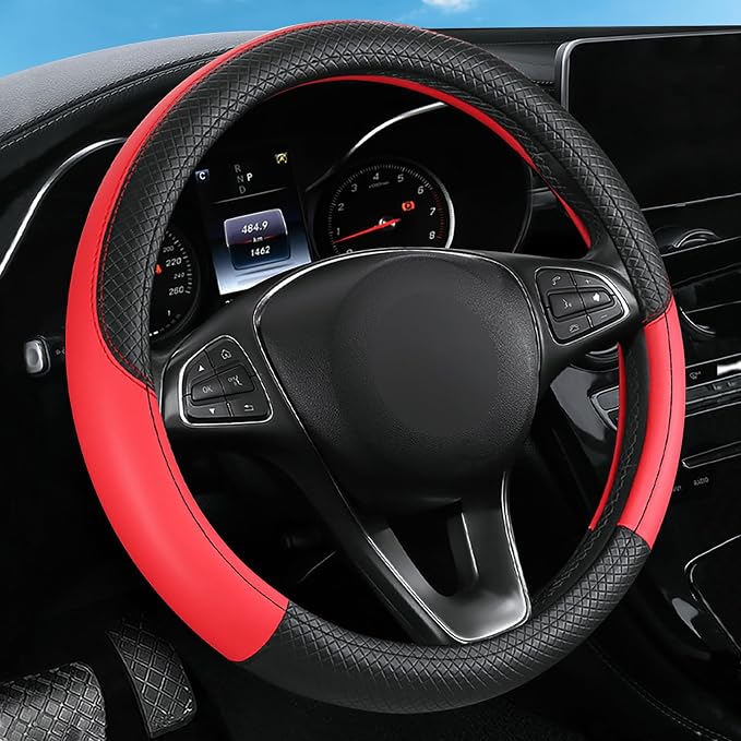 Leather Patchwork Black Red Steering Wheel Cover, 14.5-15 Inch Non-Slip Breathable Microfiber Car Steering Wheel Protector