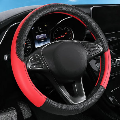 Leather Patchwork Black Red Steering Wheel Cover, 14.5-15 Inch Non-Slip Breathable Microfiber Car Steering Wheel Protector