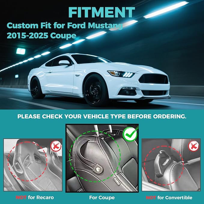 Custom for Ford Mustang Coupe Seat Covers 2015-2025 - Custom-Fit Full Set Faux Leather Car Seat Covers for Mustang Coupe Fastback GT/V6/EcoBoost 2015 2016 2017 2018 2019 2020 2021 2022 2023 2024 2025