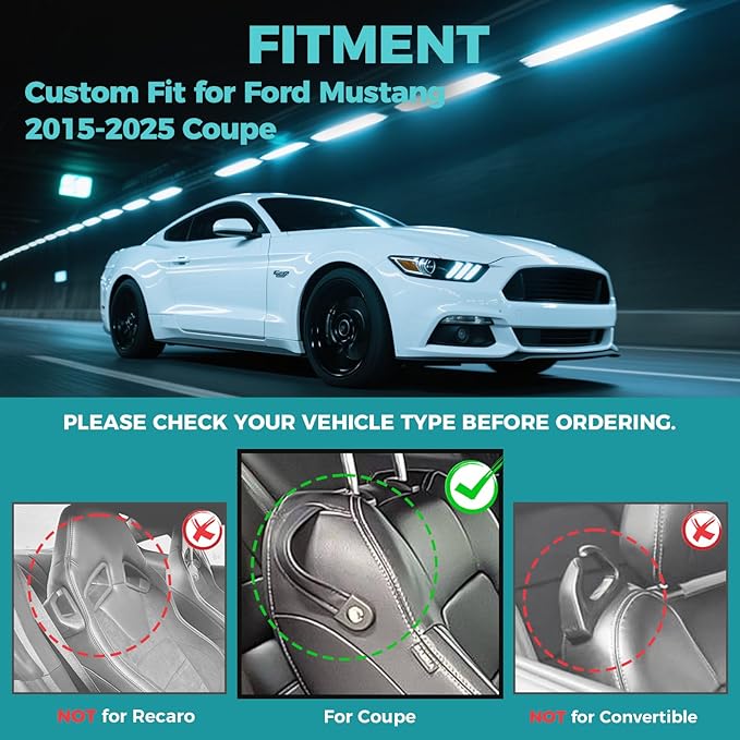 Custom for Ford Mustang Coupe Seat Covers 2015-2025 - Custom-Fit Full Set Faux Leather Car Seat Covers for Mustang Coupe Fastback GT/V6/EcoBoost 2015 2016 2017 2018 2019 2020 2021 2022 2023 2024 2025