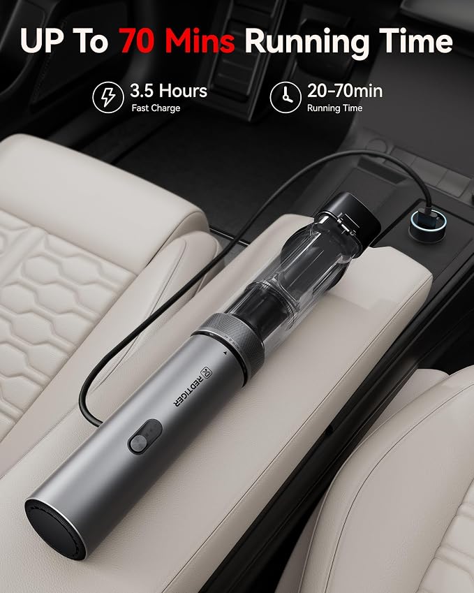 REDTIGER Handheld Vacuum Cordless,4-in-1 Car Vacuum with 21000PA,Up to 70 Mins Runtime,3 Suction Modes,3.5H USB-C Fast Charge,Hand Vacuum Cleaner for Home,Car,Pet,Office Desk, Keyboard,Handmake