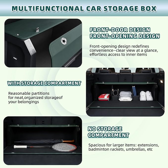 Car Trunk Organizer Sturdy Car Storage Organizer with Lid and Push-pull Handle Collapsible Leather Cargo Organizer for Suv, Truck, Sedan, Van (Green, 40.5 x 11.4 x 12.2in)