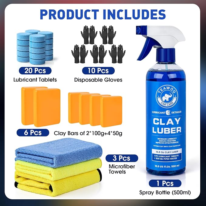 TEAWOO Clay Bars Kit, 6 Clay Bars & 20 PCS Lubricant Tablets, Complete Car Detailing Kit, Spray Bottle, Disposable Gloves and Microfiber Towels for Car Detailing Cleaning