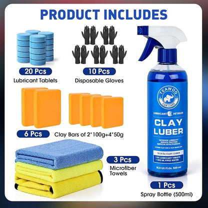 TEAWOO Clay Bars Kit, 6 Clay Bars & 20 PCS Lubricant Tablets, Complete Car Detailing Kit, Spray Bottle, Disposable Gloves and Microfiber Towels for Car Detailing Cleaning