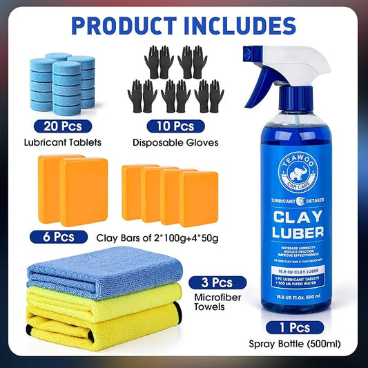 TEAWOO Clay Bars Kit, 6 Clay Bars & 20 PCS Lubricant Tablets, Complete Car Detailing Kit, Spray Bottle, Disposable Gloves and Microfiber Towels for Car Detailing Cleaning